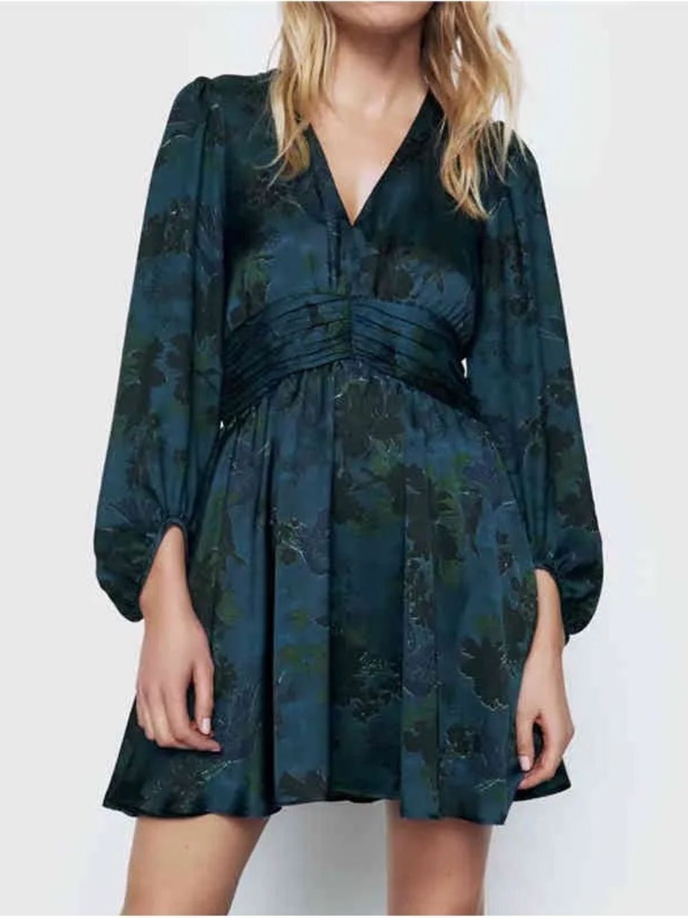 Zara Teal Green Floral V-Neck Long Sleeve Mini Dress Summer Size S
